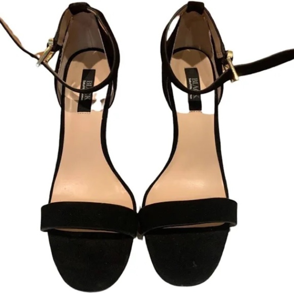 Saks Fifth Avenue Black Label YVETTE black ankle strap suede heel sandals sz 10